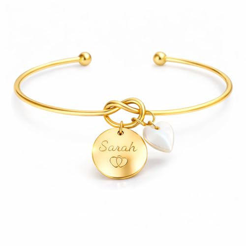creabibenval Bracelet Personnalisé Femme Prénom Gravé – Bracelet Jonc Acier Inoxydable Or, Argent ou Or Rose – Médaille Gravée avec Pendentif Nacre Cœur, Étoile ou Lune – Cadeau Femme Personnalisable
