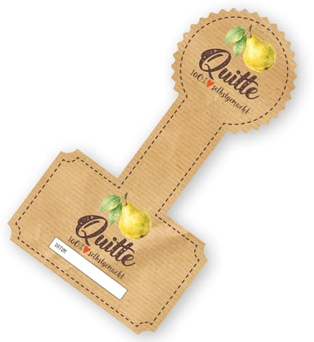 itenga 50 x Kombi Marmeladenetiketten für Deckel und Glas, selbstklebende Etiketten für Marmelade, Gelee, Konfitüre und Eingemachtes, Kraftpapier-Design, mit Datumsfeld (Quitte)