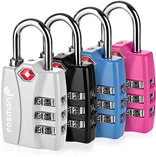 Fosmon - TSA Kofferschlösser – 4er-Set 3-stellige Zahlenschlösser für Koffer, Taschen & Rucksäcke – Grau, Schwarz, Blau, Rosa