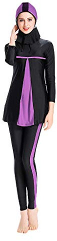 Lazzboy Frauen Muslimischen Badeanzug Mit Cap Printing Beachwear Bademode Muslimische Damen, Hijab-Schwimmanzug, Badeanzug, Sportkleidung(Lila,L)