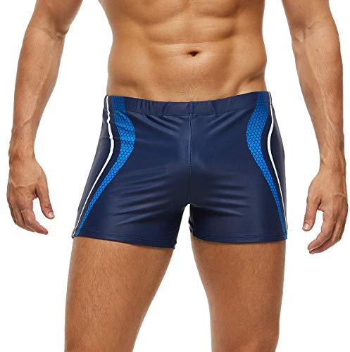Arcweg Men's Swimming Trunks Shorts Sport Boxer Swimwear Boxers Underwear Drawstring Summer Beach Board Shorts Elastic Swimsuit Bottom Blue Stripe L(UK)