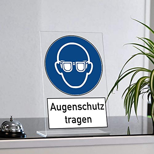 Aufsteller Augenschutz tragen, Acryl L-Form, 20x30 cm | Acryl-L-Aufsteller 20x30 cm, 3 mm – UV-Direktdruck, sicherer Stand auf Tisch, Theke und Tresen