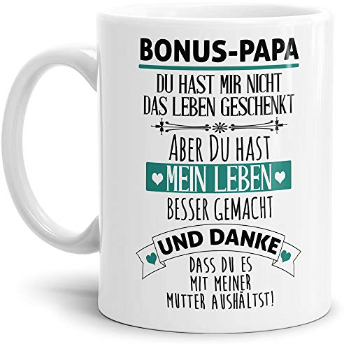 Tasse mit Spruch - Danke Bonus Papa - Kaffeetasse/Spruchtasse/Bester Stiefpapa/Geschenk Stiefvater - Weiß