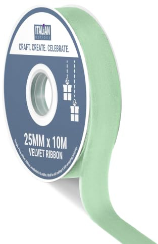 Italian Options Velvet Ribbon, Luxury, Single-Face Velvet Ribbon for Crafting, Christmas, Bows, Hair, Cakes, Weddings, Ornaments, Gift Wrapping, Flowers, 25mm x 10 Metre Roll, Sage Green