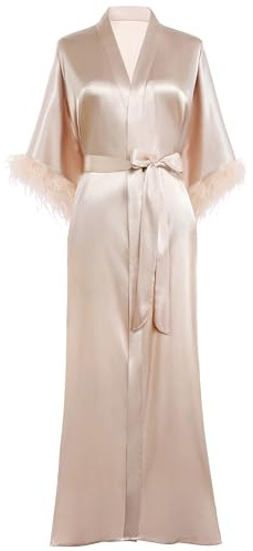 PRODESIGN Satin Kimono Robe Long Silky Bath Robe with Ostrich Feather Trim Sleepwear Wedding Bridesmaid Robe Champagne