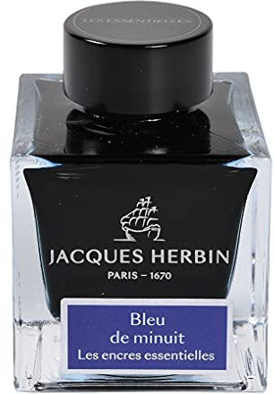 Jacques Herbin 13119JT - Flacon d'encre 50 ml pour stylo-plumes et stylos roller, Bleu de minuit. Fabriqué en France