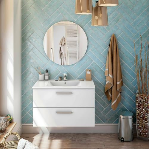 Dmora - Meuble sous lavabo Dartford, Armoire de Toilette, Récipient pour lavabo, Meuble d'évier, 80x45 h50 cm, Blanc Brillant