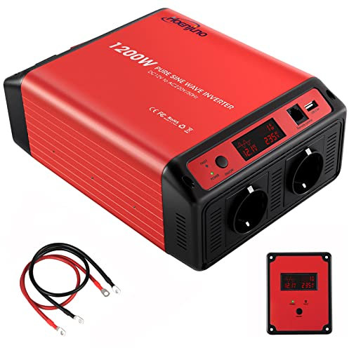 1200W Wechselrichter 12V auf 230V Reiner Sinus Spannungswandler mit 2,4A USB Ports, 2 AC-Steckdosen und Fernbedienung Bildschirm LCD Power Inverter, Stärker als alle 1000W Wechselrichter