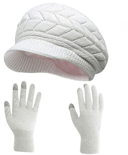 HINDAWI Wintermützen Handschuhe für Damen Strick Warm Schnee Ski Outdoor Kappen Touchscreen Fäustlinge, Mütze und Handschuhe (weiß), Einheitsgröße/M