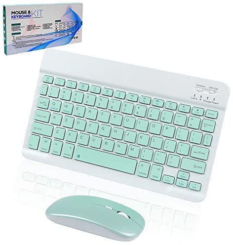 Mini Bluetooth Keyboard and Mouse for iPad, Tablets, Android, iPhone - Rechargeable With Silent Wireless Mouse, Compatible With iPad Pro/Mini/Air, Mac OS Systems