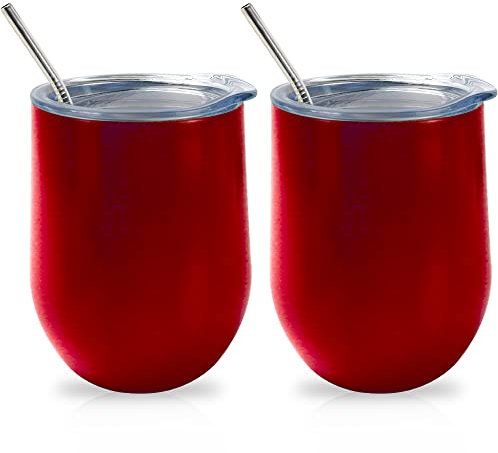 Isolierter Weinbecher mit Deckel 2er-Pack, doppelwandiges Vakuum-Edelstahl-Weinglas ohne Stiel 12oz, langlebiger isolierter Kaffeebecher, für Champagner (einschließlich Strohhalme und Bürste)