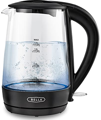 BELLA 1.7 Liter Glass Electric Kettle, Quickly Boil 7 Cups of Water in 6-7 Minutes, Soft Blue LED Lights Illuminate While Boiling, Cordless Portable Heater, Carefree Auto Shut-Off, Black