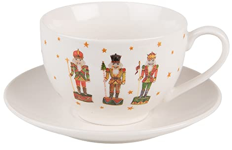 Clayre & Eef Tasse mit Untertasse 200 ml Beige Porzellan Nussknacker Geschirr