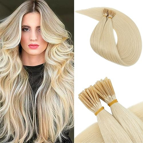 Benehair I Tip Hair Extensions, 100% Real Remy Human Hair Extensions, 16 Inches Stick Tip Keratin Hair Extension 1g/s, 50g/Pack Human Hair Extension for Thinning Hair Platinum Blonde #60