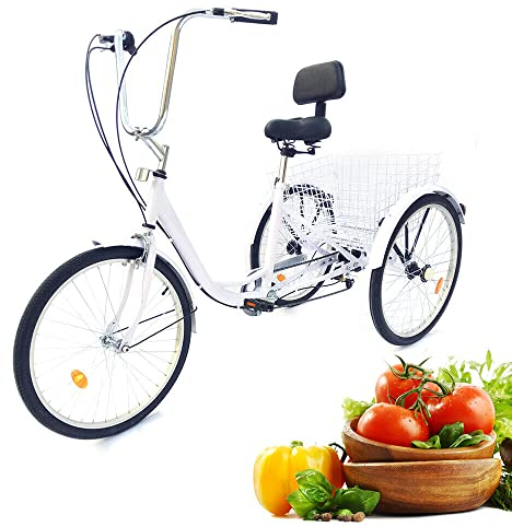 WOQLIBE Dreirad Erwachsene 24 6 Speed Mit Korb 3 Räder Dreirad Cruise Bike für Erwachsene, Senioren, Frauen, Männer Lastenfahrrad 3-Rad-Fahrrad (Weiß)