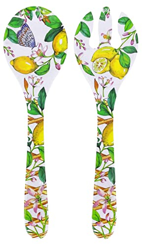 Les Jardins de la Comtesse - Couverts à salade en Mélamine - Capri - 33 cm - Citrons jaunes - Service de Table de la Vaisselle Quasi-Incassable MelARTmine