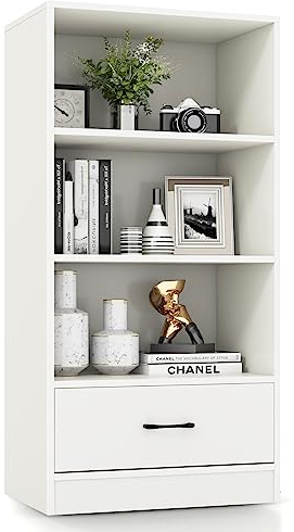 CASART Wooden Bookcase, Modern Floor Storage Cabinet with Drawer, 4 Tier Display Sideboard Freestanding Storage Organizer Units for Living Room Study Bedroom Office (White)