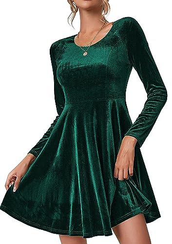 Zeagoo Vestito Donna Invernale Velluto Abito Natalizio Elegante Manica Lunga Girocollo Capodanno Dress Abiti da Sera Autunno Inverno Cerimonia Cocktail Vintage Festa Sera Verde Scuro XXL