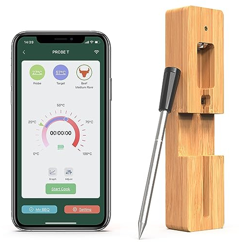 Drahtloses Fleischthermometer, 150 Fuß Bluetooth-Funkreichweite, intelligente App-Steuerung, Fleischsonde mit intelligentem Alarm für BBQ-Ofen-Smoker-Rotisserie Silber