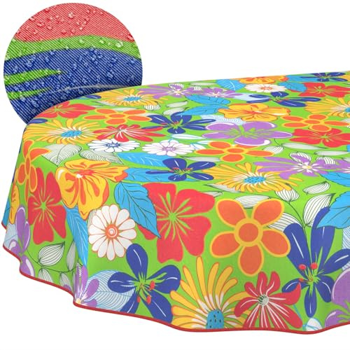 ANRO Tischdecke abwaschbar Bunte Blumen mit Saum oval 200x140 cm | mit Saum eingefasst – ideal für Garten, Terrasse & Esszimmer – Gartentischdecke wetterfest – waschbar bei 30 °C