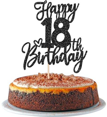 SYKYCTCY 1 Pack Happy 18th Birthday Cake Topper Black Glitter Cheers to 18 Years Cake Pick 18 Fabulous Cake Decoration for Happy Birthday Theme Anniversary Party Supplies