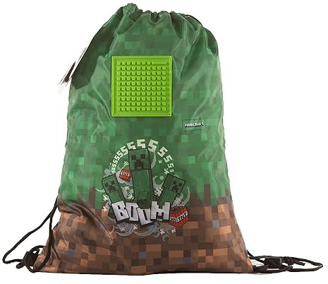 PIXIE CREW Minecraft Einfach zu faltender Lederrucksack mit Kordelzug, lange Innentasche mit Reißverschluss und Silikon-Panel, anpassbar, +30 kleine schwarze Pixel, grün