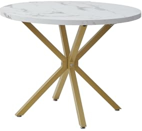 GrandCA HOME Mesa de Comedor Redonda con Tapa Moderna con Efecto Mármol, Mesa de Comedor de Cocina con Cuatro Patas de Metal, para Comedor, Sala de Estar,Blanco+GDL