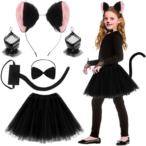 SHOWHEEL 6 Pezzi Gatto Cosplay Costume, Costume Gatto Bambina con Gonna Tutu, Orecchie da Gatto, Coda di Gatto, Cerchietto Gatto Bambina, Bambini Animali Costume per Carnevale Halloween