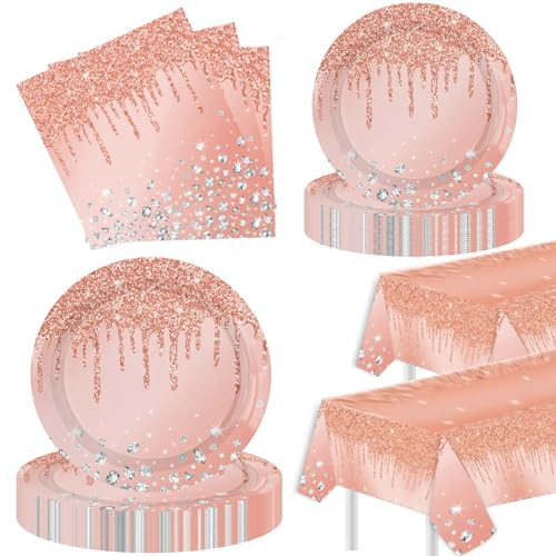 YimaiX Rose Gold Party Supplies, Rose Gold Party Disposable Tableware Set 20 Party Plates 9 20 7 Paper Plates 20 Napkins Tablecloth for Rose Gold Birthday Party Decoration Serves 20 Guests