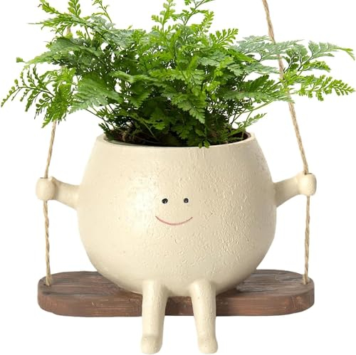 DKIIL NOIYB Hängende Blumentopf Schaukel, Blumentopf mit Smiley-Gesicht, Niedlich Swing Hängematten-Pflanzgefäß, Swing Face Pflanzen für Hängetopf, Harzkopf Übertopf für Drinnen und Garten