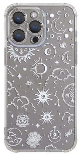 CHEORFAY iPhone 15 Pro Max Case, Clear Transparent Flexible Soft Silicone TPU Bumper Buffer Shockproof Protective Cover with Fantasy Astrology Pattern Design for iPhone 15 Pro Max - Moon Star