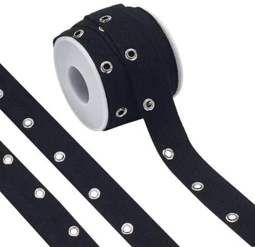 BENECREAT 7,3M schwarzes Baumwoll-Ösenband mit Gaze, 25mm breites Metall-Ösenband für Näharbeiten und Bastelarbeiten, Lochgröße: 4mm