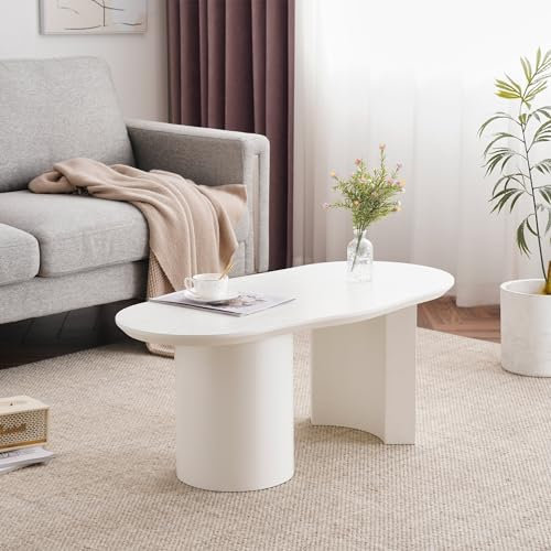 Merax Table basse irrégulière moderne avec plateau incurvé élégant - Table basse en bois blanc - Pour chambre à coucher, bureau - Stable - Montage facile - 100 x 50 x 40,5 cm