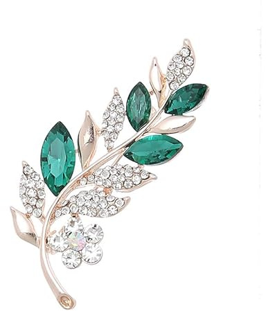 Wiredock Elegant Unique Leaves Brooch Pins Lapel Scarf Clothing Corsage Flower Women Ladies Birthday Wedding Prom Gold Plated Rhinestone Accessory Jewellery Valentines Decorative|GREEN|YS-149