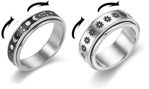ZOKJSW 2 Stück Spinner Ring Set für Damen Herren Hypoallergen Drehbarer Edelstahl Ring Blume Moon Star Spinner Ringe Zappel Band Ringe für Frauen Männer Größe 56MM