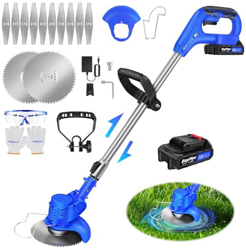 Garden Strimmer Set, Metal Blade Cordless Strimmer Height Adjustable, Electric Garden Strimmer with Blades, 21V Grass Trimmers with Battery & Fast Charger for Garden Clearing Weeds Flower Tree