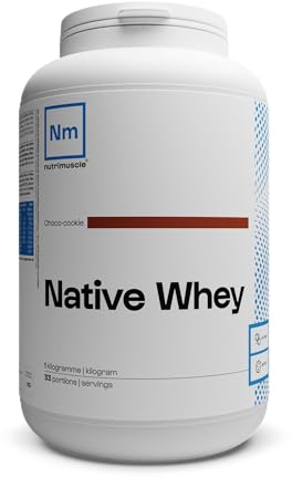 Nutrimuscle Whey Native 1kg Choco Cookie - Protéine Whey jusqu'à 80% de protéines par dose - 28,6 g de Protéines par does - Lait français - Musculation et Fitness - Prise de Muscle