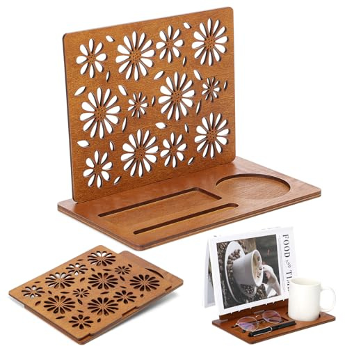 Book Holder Wooden Book Stand for Reading Rest Page Marker Nightstand Organizer with Cup Mug Glasses Pen Holder Book Lovers Gift for Readers Librarians Teachers Students Birthday Present