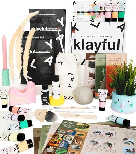 Klayful - Ton Töpferset für Anfänger | Lufttrocknendes DIY Set für Erwachsene | 3kg Ton, Werkzeuge, Acrylfarben, Pinsel, Dichtmittel, Anleitung (Pastellfarben)