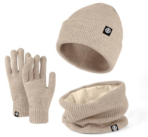 Enwokran 3 Stück Wintermütze Mütze Handschuhe Schal Set Thermo Strickmütze Elastischer Weiches Fleece Gebürstetes Innenfutter Schal Touchscreen Handschuhe Set für Kaltes Wetter (Khaki)