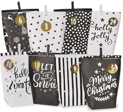 Adventskalender zum Befüllen - 24 Papier Adventstüten zum Basteln für Weihnachten -black & white Motiv-Papier Weihnachtstüten mit Zahlenaufkleber