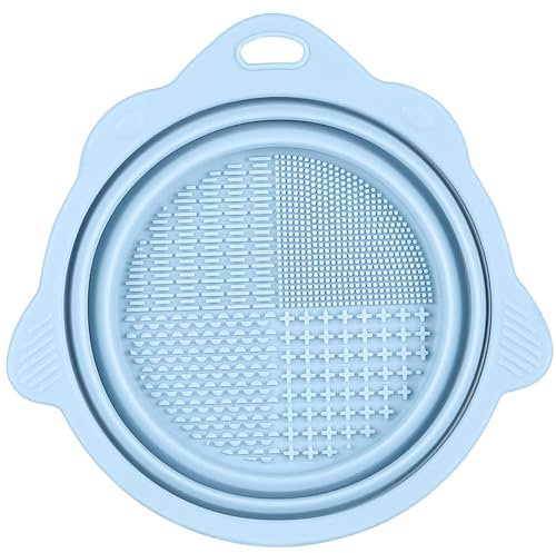 HAPPITON Foldable Silicone Makeup Brush Cleaner Mat Pad Bowl Makeup Kits Cleaning Tool for Makeup Brushes Sponges Powder Puffs(Blue)