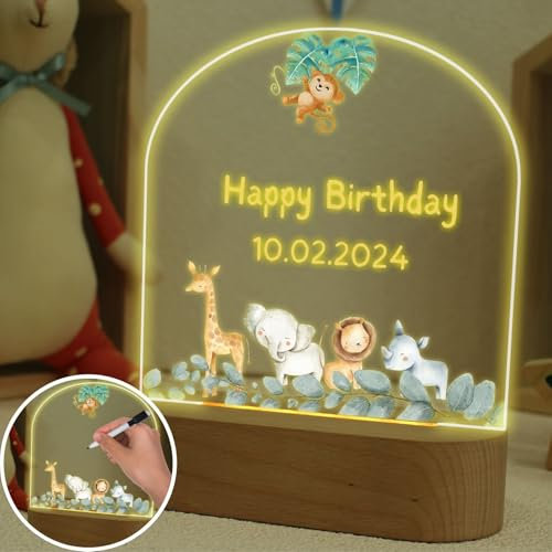 uniqicon Baby Geschenk Personalisiert, Nachtlicht Personalisiert, Babygeschenk Mit Löwen Und Elefantenmuster, Kawaii Deko Kinderzimmer, Acryl Led Nachtlicht