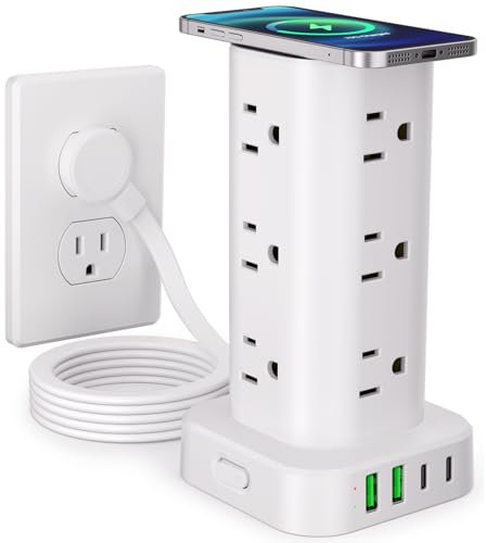 Tour multiprise d'alimentation avec chargeur sans fil, tour de protection contre les surtensions à prise plate avec câble d'extension de 1,8 m, 12 sorties multiples CA, 4 USB (2 USB C), tour