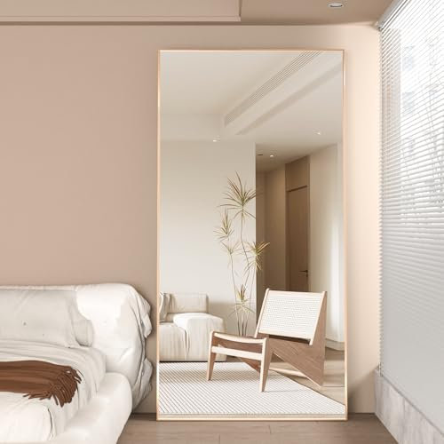 NEUWEABY Miroir Pleine Longueur 180 x 80 cm Miroir de Sol Doré avec Pied Grand Miroirs Rectangulaire pour Chambre à Coucher Cadre en Alliage d'aluminium A Suspendre