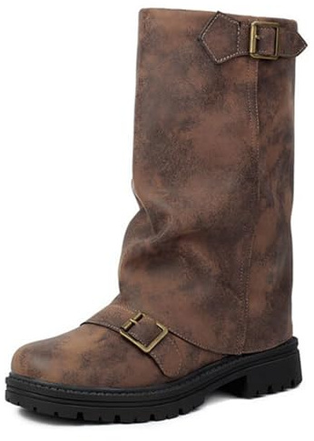 Lglmqxtm Fold Over Boots for Women Round Toe Low Heel Shark Boot Mid Vintage Calf Boots With Padlock Design