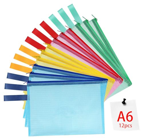 OFFCUP Dokumententasche A6, 12 Stück Wasserdichte Reißverschlusstasche, Mesh Kunststoff Datei Tasche mit Reißverschluss, Dokumentenmappe für Schule Zuhause Büro Reisen Kosmetika, 3 Farben