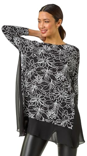 Roman Originals Chiffon Dipped Hem Top Asymmetric Tunic for Women UK Ladies Stretchy Jersey Flared Blouse Smart Fit & Flare Form Casual Loose Longline Party Hanky Tunics - Noir White - Size 14