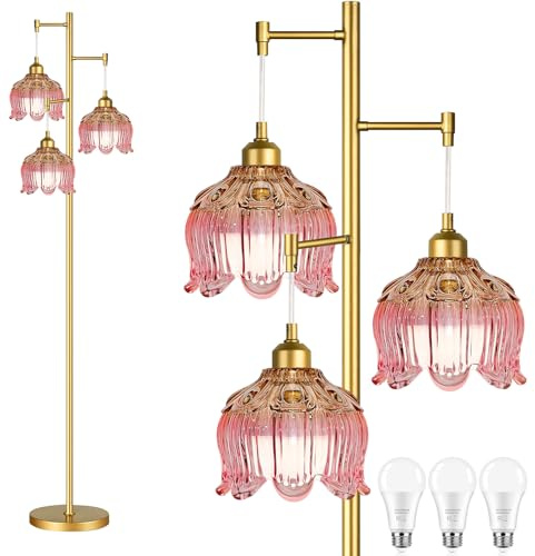 QIYIZM Rosafarbene Stehlampe für Wohnzimmer, Schlafzimmer, goldfarben, Mitte des Jahrhunderts, moderne Stehleuchte, Messing-Baum, 3 Lichter, hohe Stehlampen, Vintage-Retro-Stehlampen, Glas