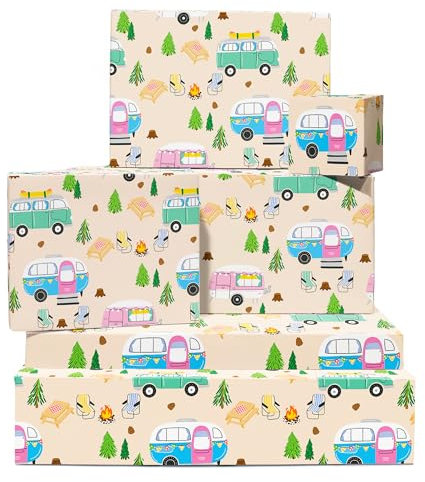 Geschenkpapier zum Geburtstag für Jungen – 6 Bögen Camping-Thema mit Wohnmobil, Lagerfeuer – Pastellfarben für Männer, Frauen, Freunde – Für Weihnachten, Jahrestage, alle Anlässe